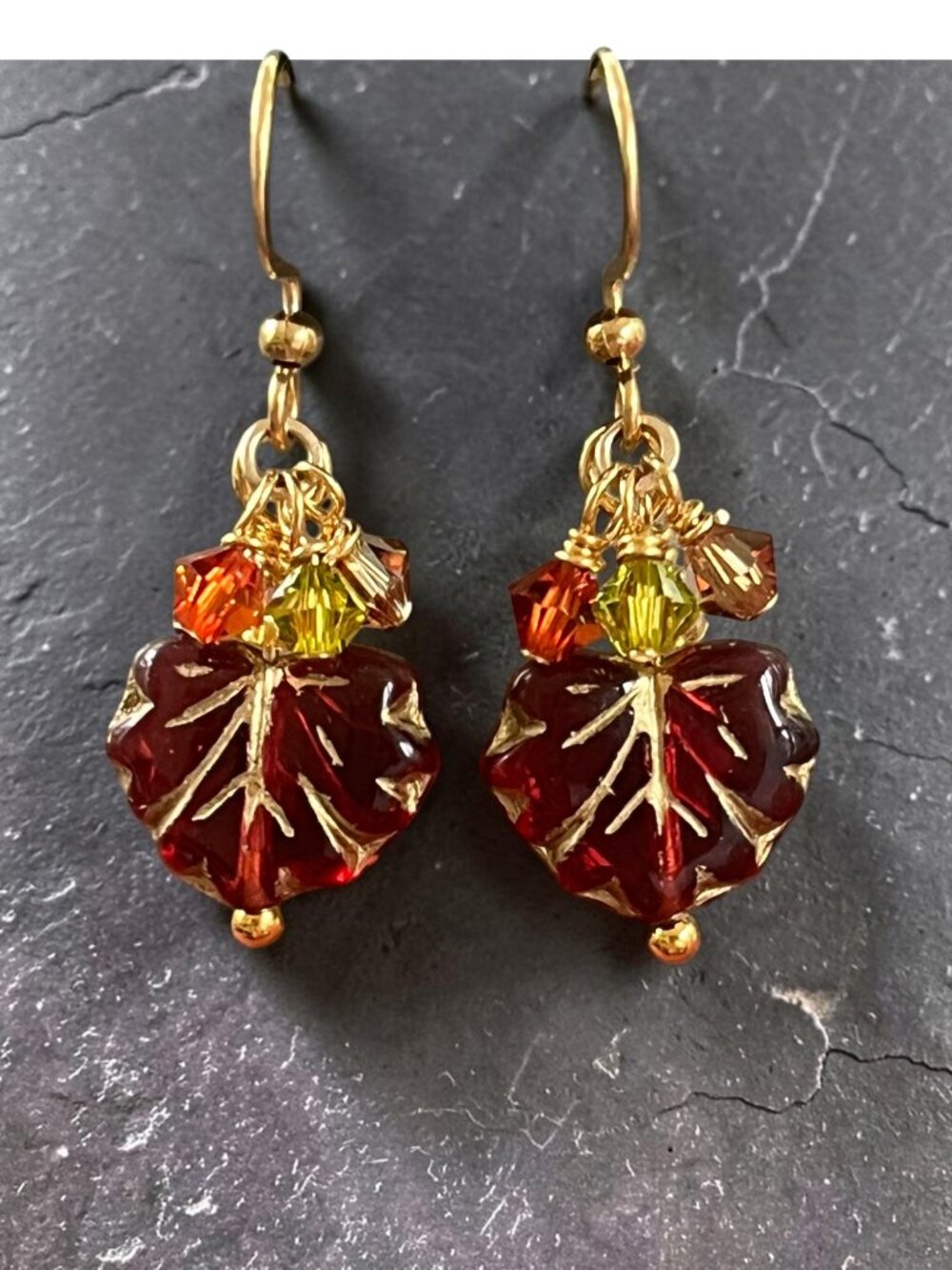 Fall Colors Red Leaf Dangle Earrings | Czech Glass and Swarovski Crystal